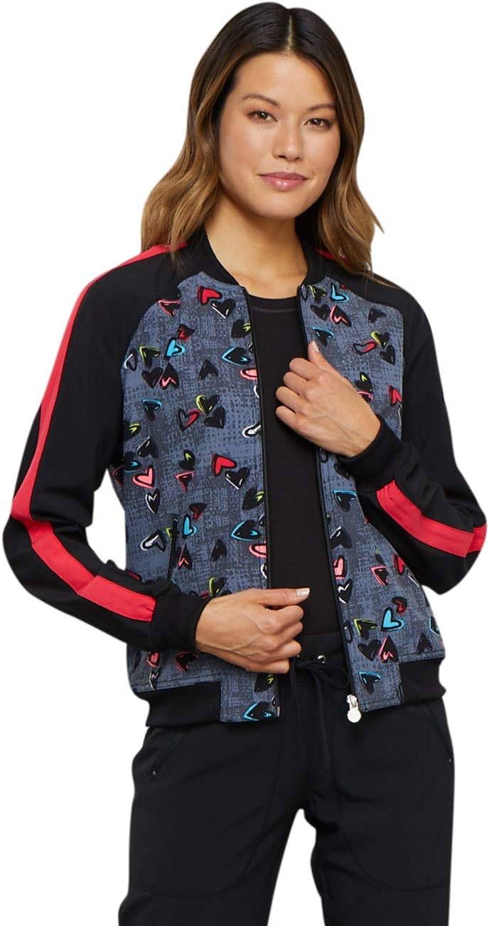 Cherokee Infinity Women Warm Up Scrubs Jacket Zip Front CK309, S, Marked Hearts