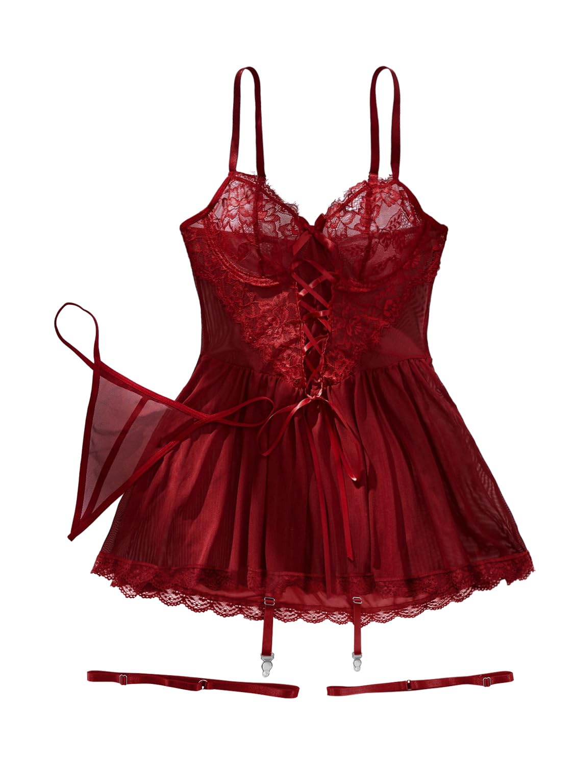 Lilosy Sexy Garter Belt Mesh Lace Babydoll Lingerie Dress Set with Thong: Wire Small Eyelash Wine Red
