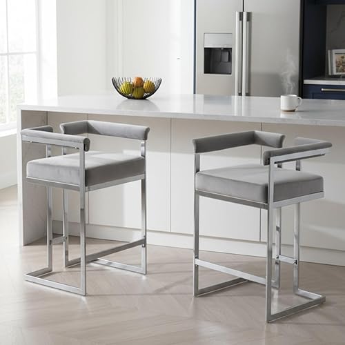 Miniatura 3 de DUOMAY Juego de 2 taburetes de bar modernos, taburete de 26 pulgadas de altura de mostrador con acabado cromado, silla de isla de cocina tapizada de