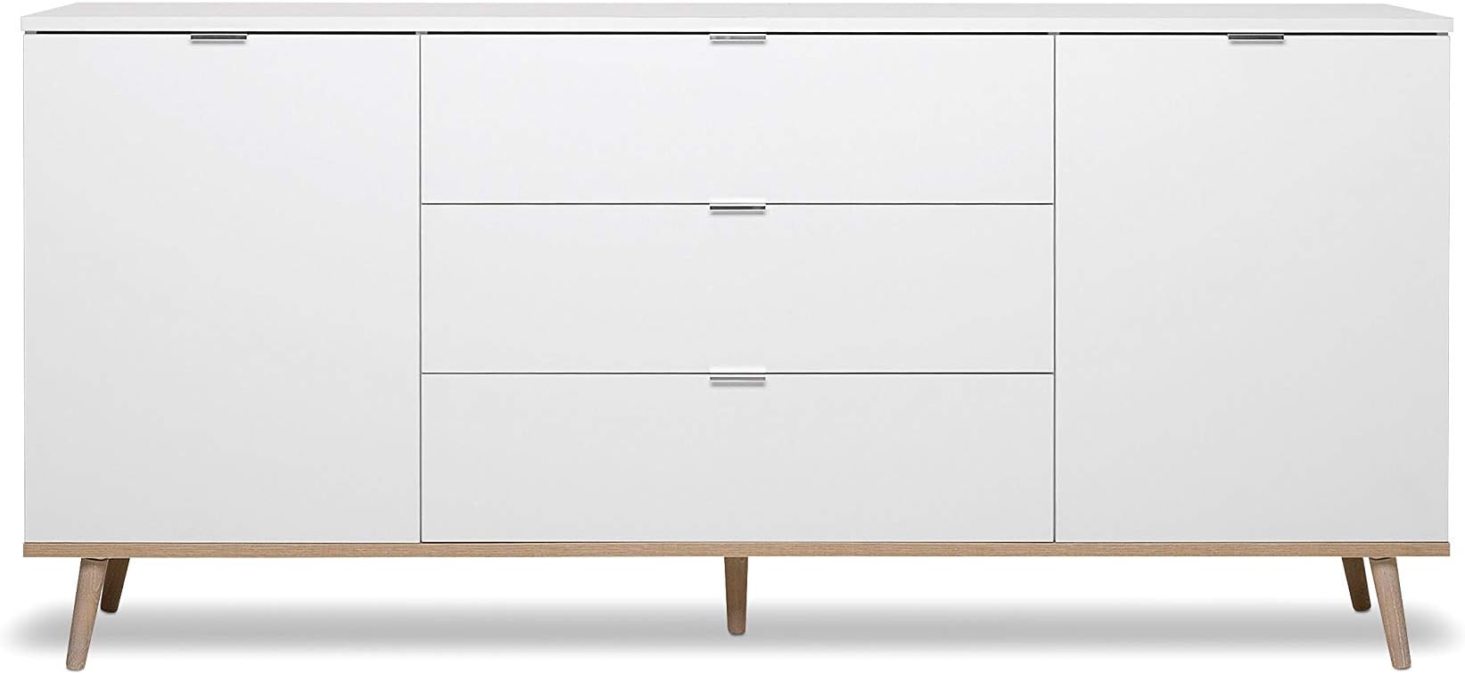 Highboard Mit 5 Türen & 3 Schubladen - Weiß/Pinie Optik Mit LED Beleuchtung