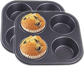 CZ-XING Cupcake Bakeware Pan and Muffin Cake Pan，4 Cup/Non Stick Carbon Steel Cupcake Baking Pan Quick Release Coating Oven Cake Tray Molds (Black 2Pcs)