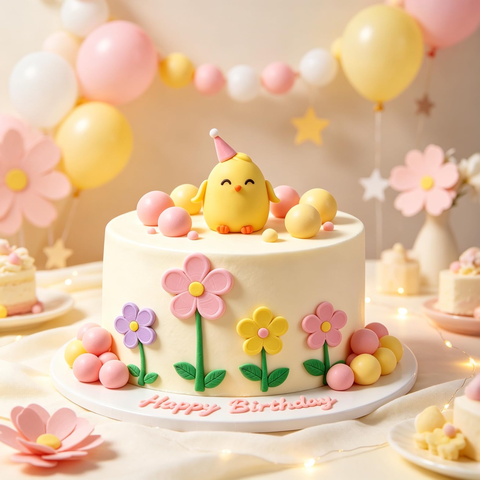 Chicken Birthday Cake Topper with Pink Balls Chicks Party Cake Decorations