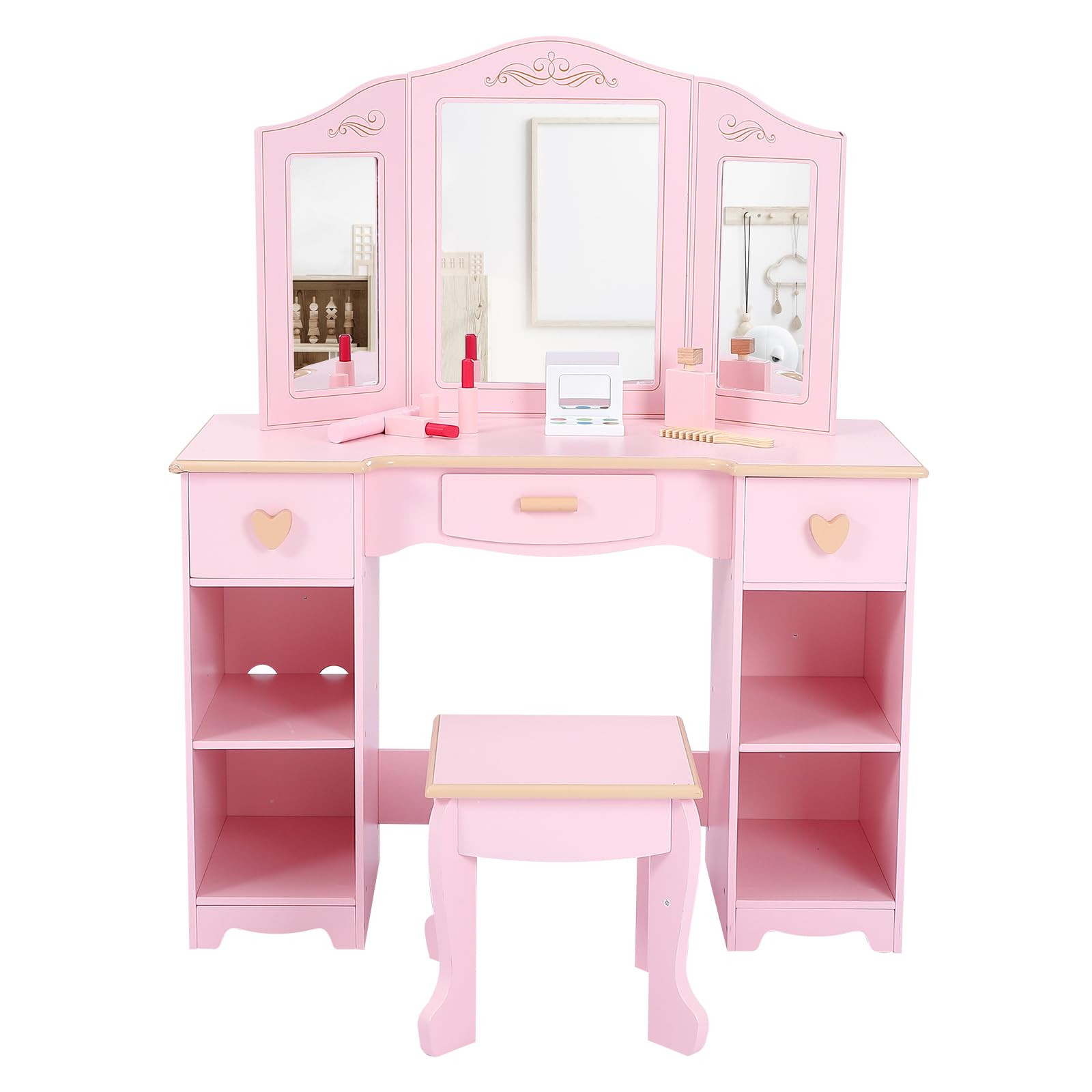 Kids Dressing Table and Chair Set, Girls Wooden Vanity Table with Mirrors & Drawers Folding Makeup and Study Desk with Open Shelves, Compact Storage for Toddler Bedroom Playroom, Pink