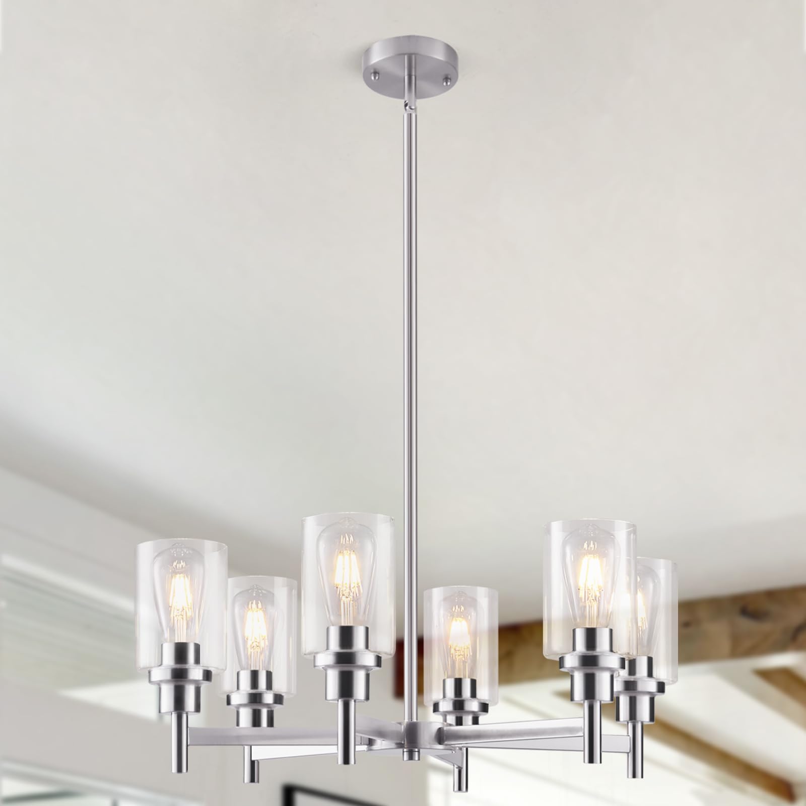 6 Lights Brushed Nickel Chandelier Dinning Room Light Fixture, Farmhouse Contemporary Modern Pendant Ceiling Hanging Lighting with Glass Shade for Dinning Room Kitchen Island Foyer Hallway