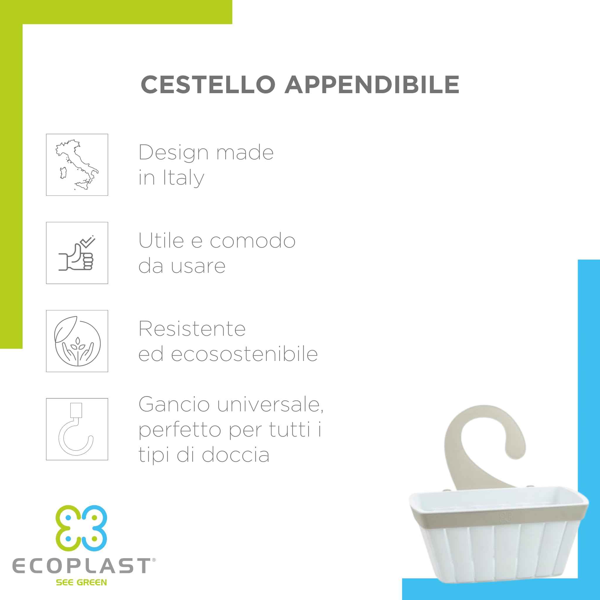 Ecoplast, Cesta con gancho universal y extraíble, se puede colgar en cualquier baño como portaobjetos de ducha, fabricada en plástico reciclado, artículo ecológico, color antracita