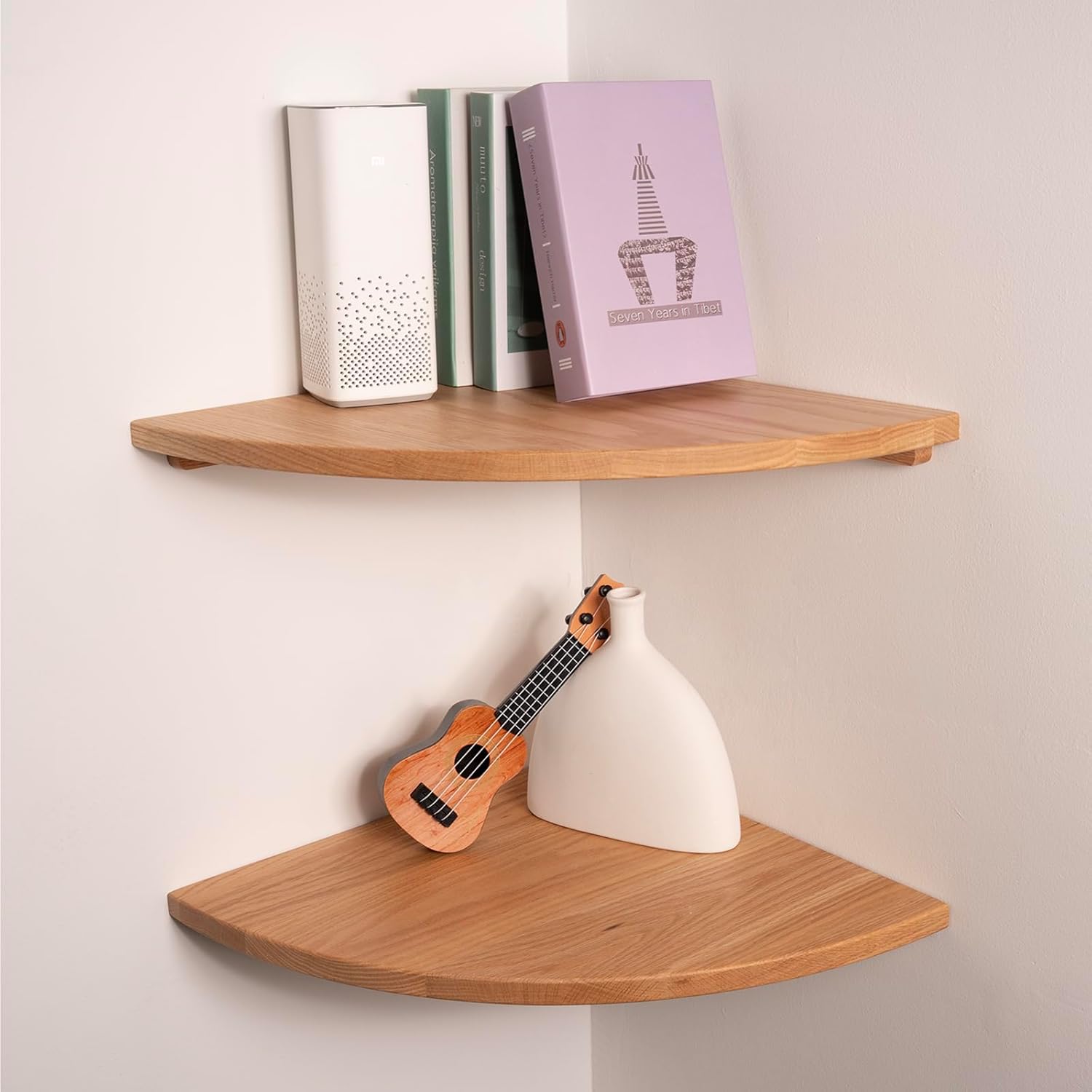 Floating Corner Shelves Oak 16", Solid Oak Wall Mounted Wooden Display Storage Rack with Wire Hole for Plants, Photos, Speakers, Bedroom, Kitchen, Living Room Décor - 2-Pack Oak 16in 2-Pack