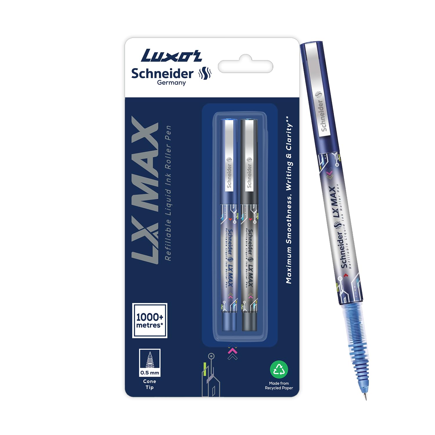 Luxor Schneider LX MAX roller ball pen, Pack of 2-Blue+Black, Cone Tip, 0.5mm, 100% German Technology, 1000+ mtrs writing length, Waterproof Ink, Ideal for Students & Professionals
