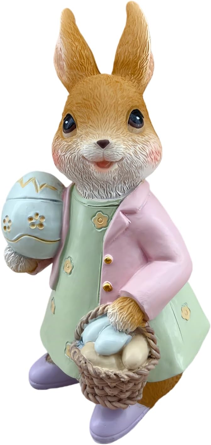 Bunny Statue Decor Resin Rabbit Figurines with Easter Egg Sculptures Birthday Decorative for Spring Party Supplies Home Garden Outdoor Statues, Yard Garden Decorations (Brown and Pink)