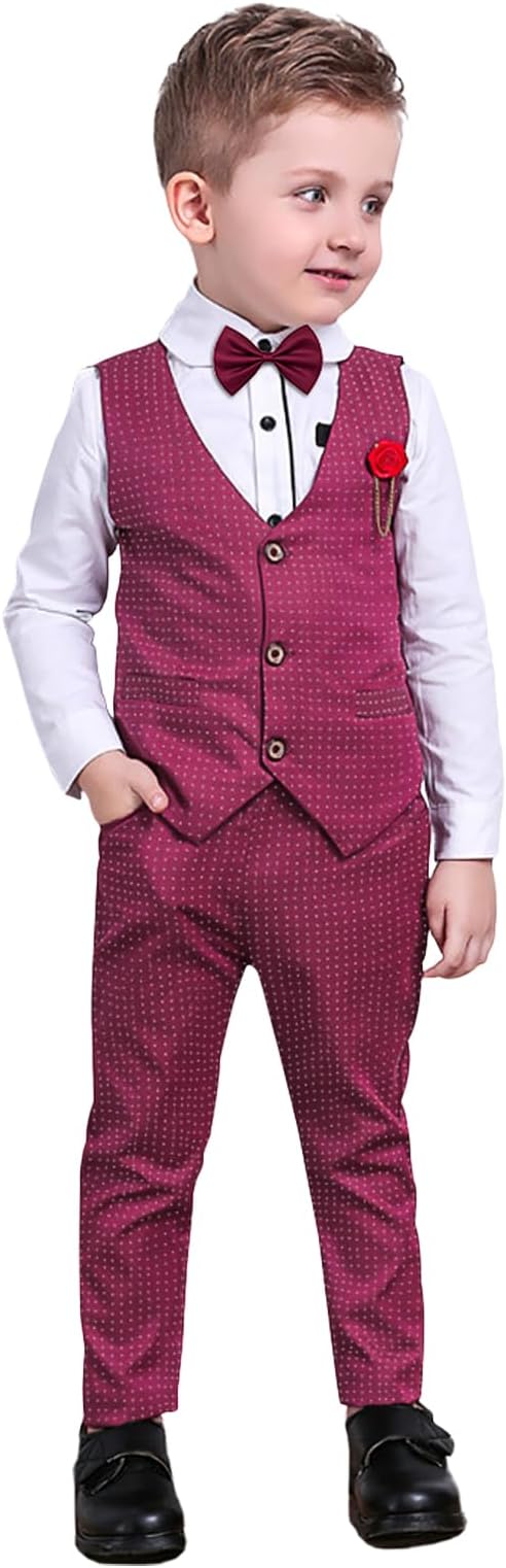 Boys Suit Set Formal Dress Shirt with Bow Tie, Slim Vest and Pants Toddler Boy Clothes Suits