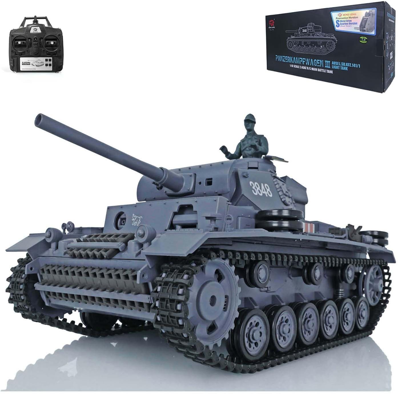 2.4G Heng Long RC Tank 1/16 Scale 7.0 Plastic German Panzer Iii L RTR RC Tank Model 3848 340° Rotating Turret Infrared Combat Smoke Unit BB Pellets BB Shooting Airsoft Tank