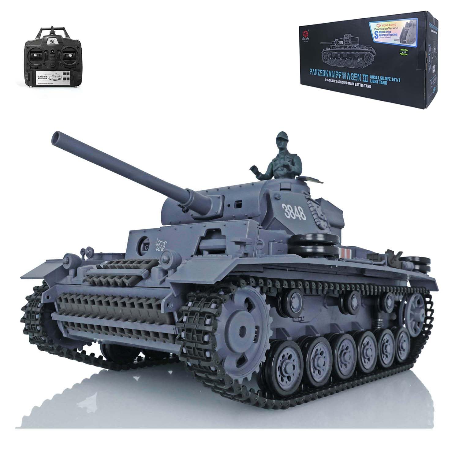 Tanque largo de control remoto Heng 2.4G escala 1/16 7.0 de plástico alemán Panzer Iii L RTR RC Tanque Modelo 3848 Torreta giratoria de 340° Unidad de humo de combate infrarrojo BB Pellets BB