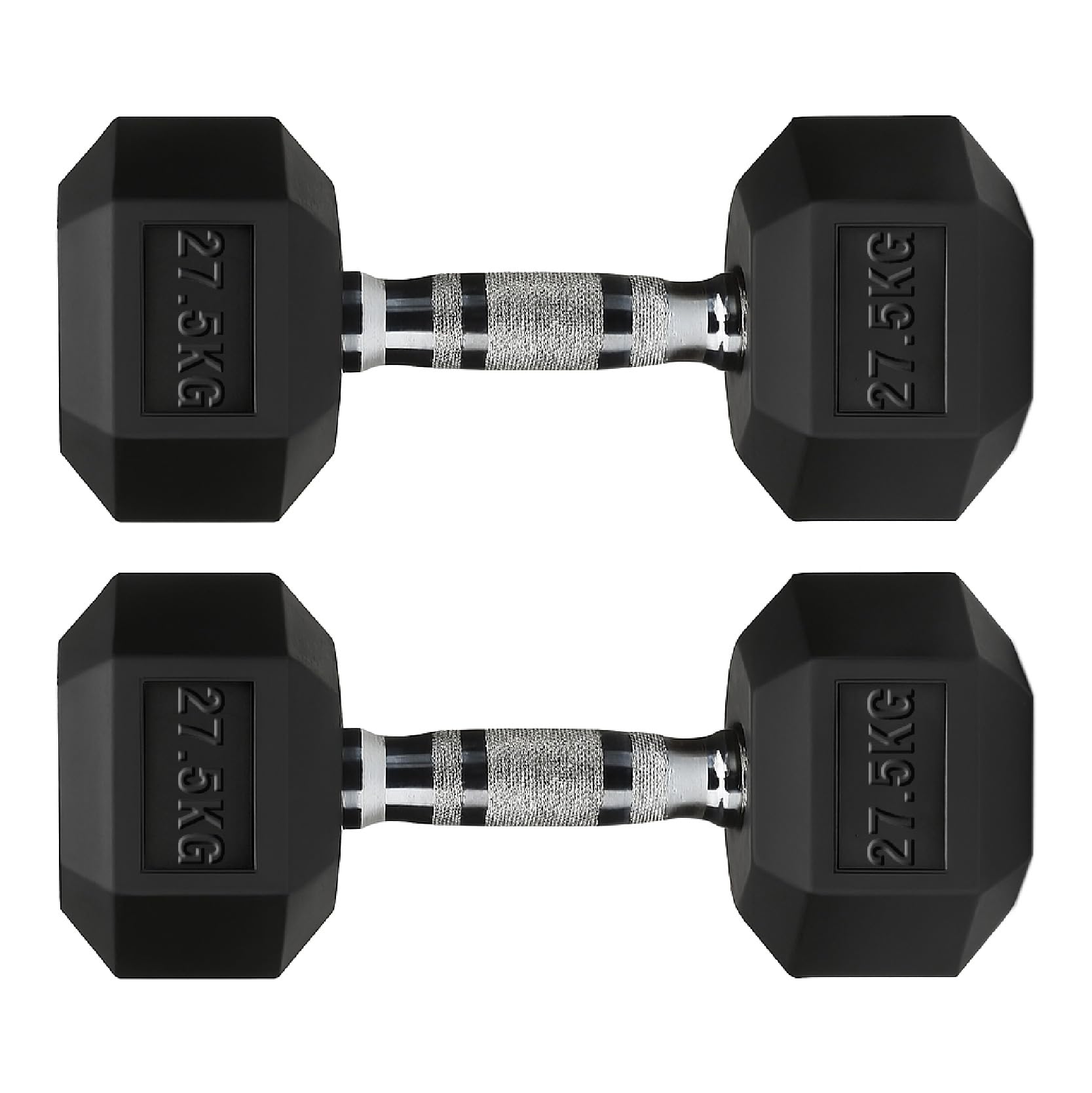 Hex Dumbbells Rubber Coated Cast Iron, Knurled Metal Handles, Anti-Roll Hex Design for Home Gym Strength Training and Weight Lifting, 1kg to 30kg Pairs and Sets (27.5kg-Pair)