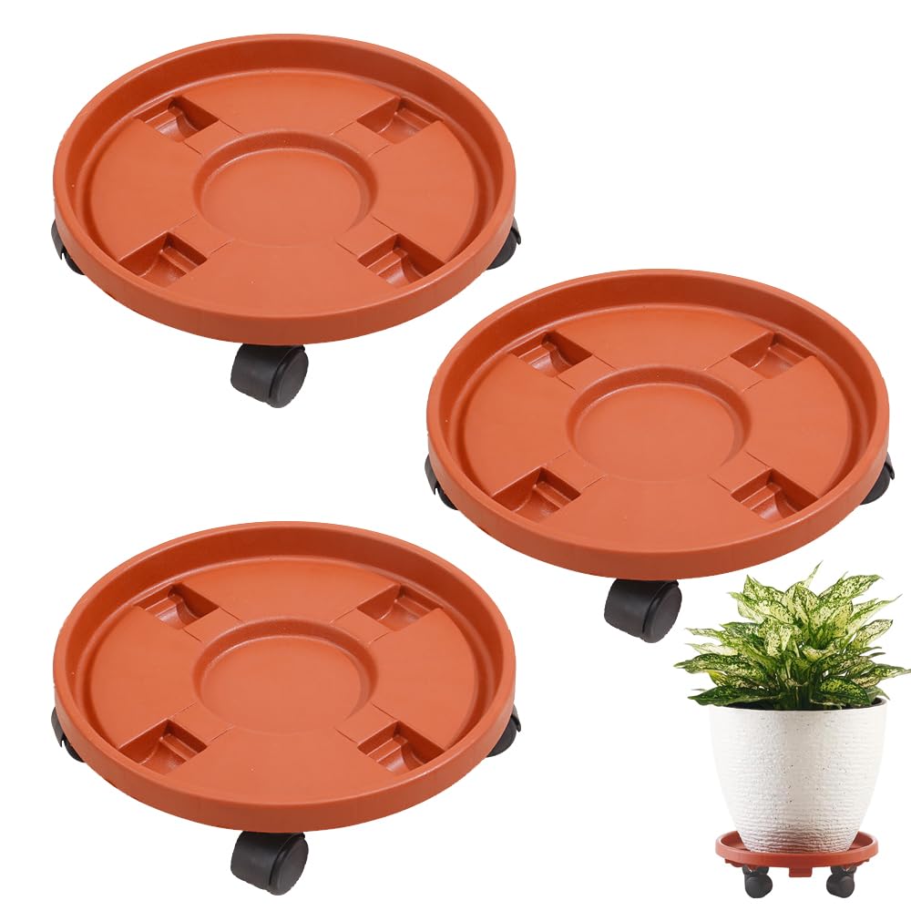 Hggzeg Paquete de 3 organizadores para plantas con ruedas, carro resistente a la oxidación para macetas, soporte redondo para mover plantas en maceta para jardín, herramientas de interior y exterior