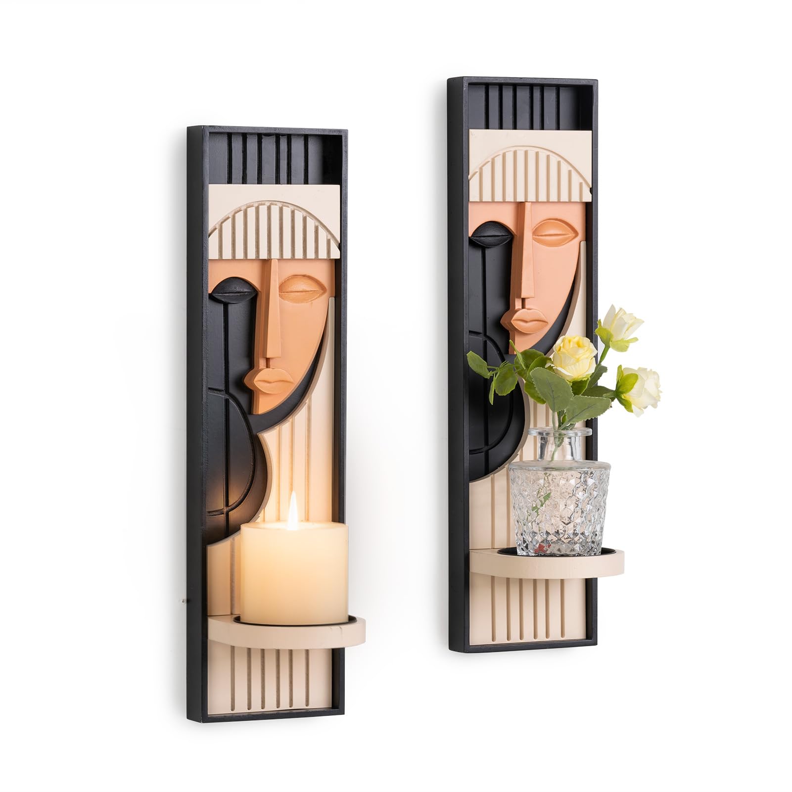 Boho Wandkerzenhalter Set, Abstraktes Gesicht Design, 42 x 11 cm, Schwarz-Beige, Kerzenhalter für Wandmontage