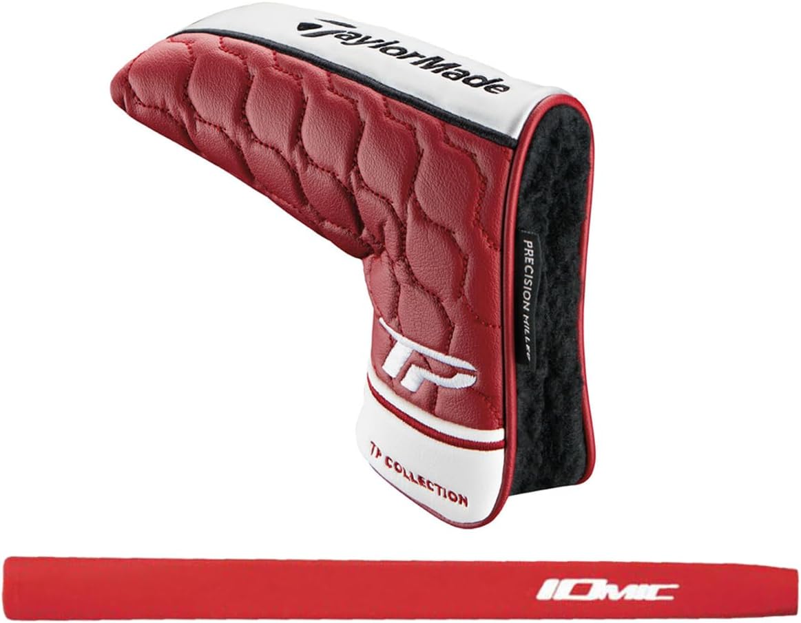 Red and white quilted golf club headcover with TaylorMade logo, and a separate red putter grip.