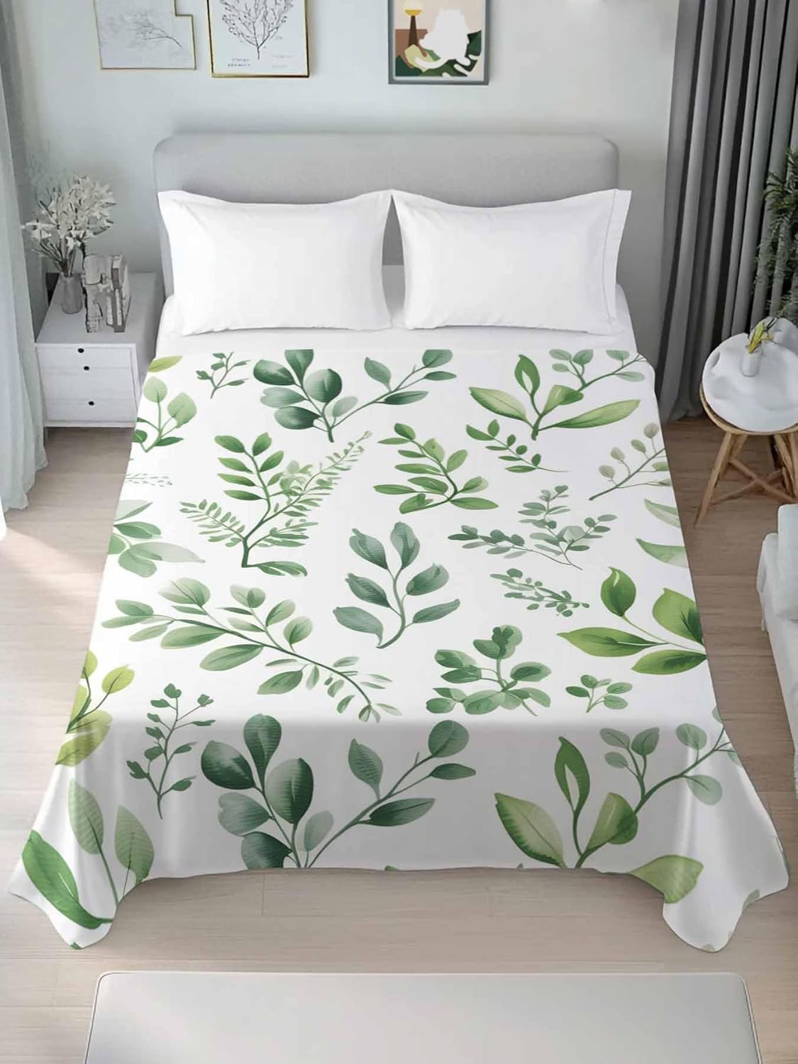 Top Sheet Full Bedding Flat Sheet Only, Spring Countryside Green Leaves Microfiber Bed Sheets Soft Breathable Bedding Flat Sheets, Farm Plants Hotel Luxury Top Sheets