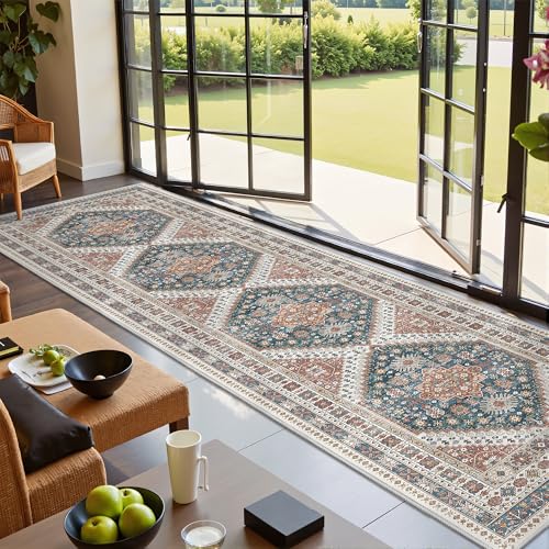 Restydon 2.5x10 Kitchen Runner Rug Non Slip Vintage Washable Rugs, Blue/Red