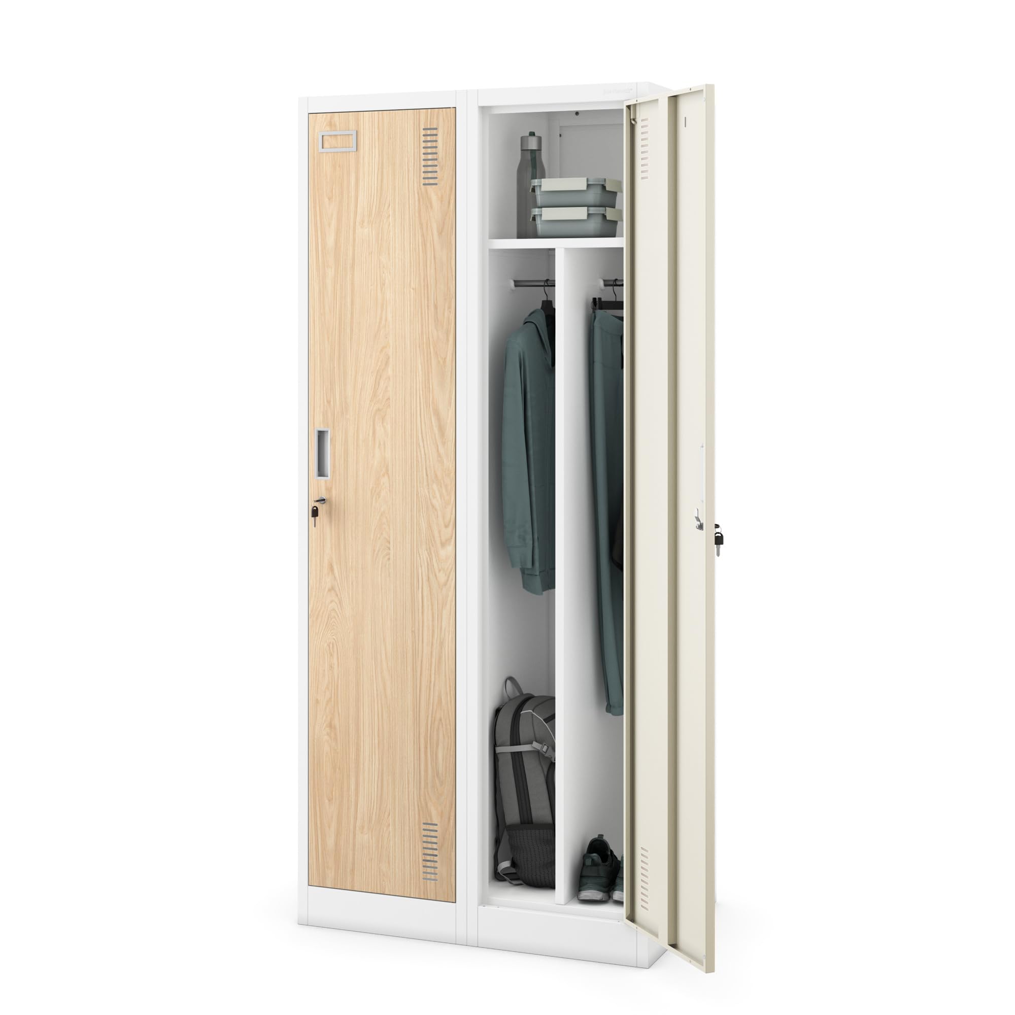 Taquilla Doble Armario Vestuario 2B1A Metalico Puertas con bisagras Ranuras de ventilación Pintura en Polvo Pared divisoria 180 cm x 80 cm x 50 cm (Aspecto de madera blanca)