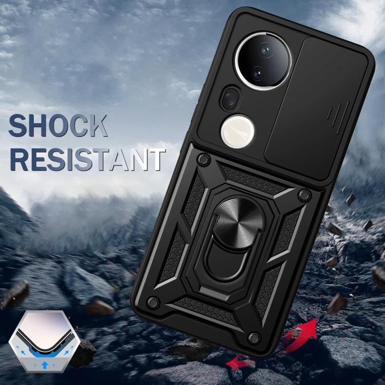 Image of SPAZY CASE Vivo T4 Ultra Back Cover | Heavy Duty Hybrid Case with 360 Degree Rotating Finger Ring Holder + Slider Shutter Camera Protection Case for Vivo T4 Ultra - Black