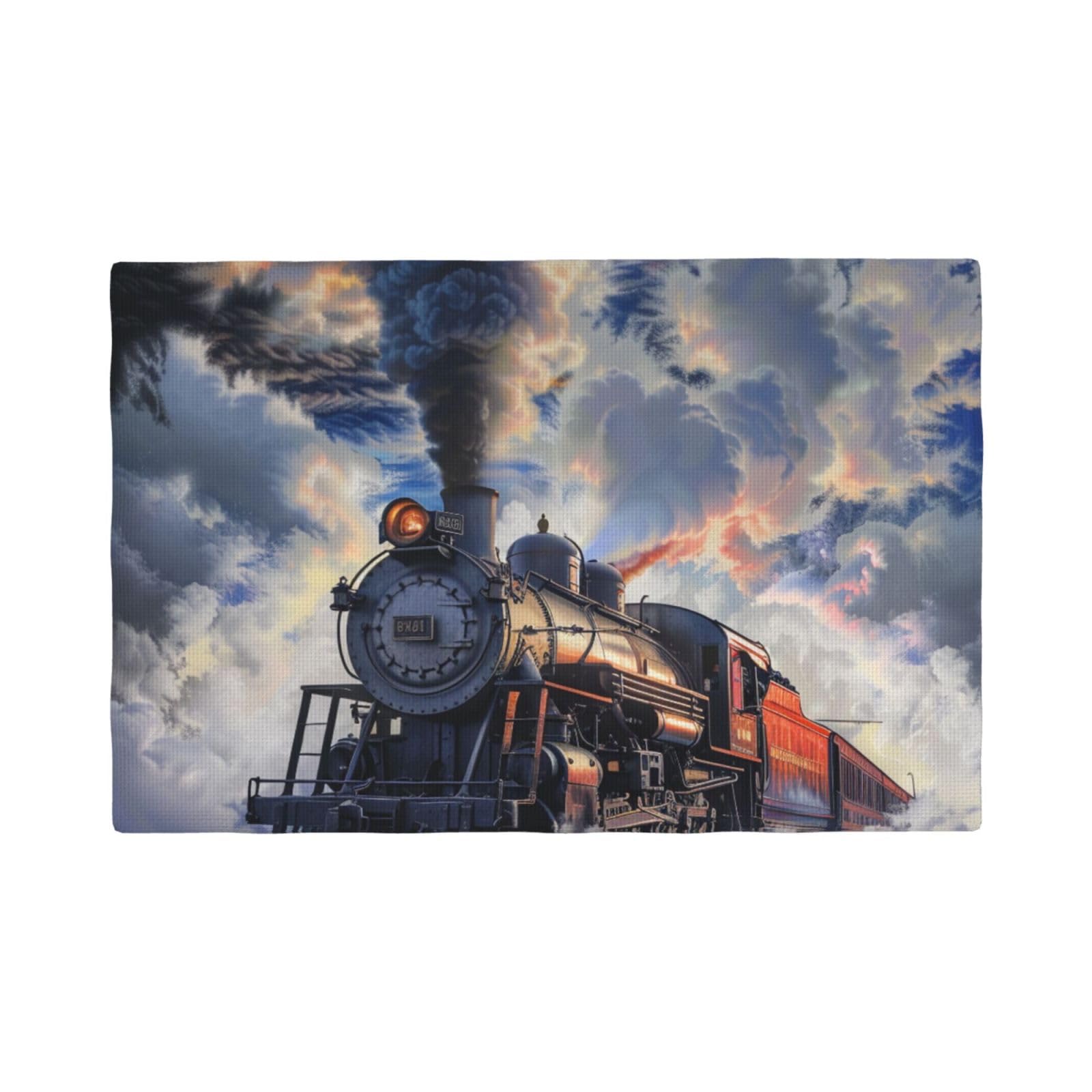 Steam Train Clouds Print Placemats Set, Heat Resistant Washable Placemat 12x18in Table Mats for Party Kitchen Dining Table Decoration Indoor Outdoor, Six Piece