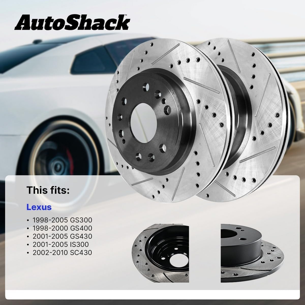 AutoShack Front Vented & Rear Solid Drilled & Slotted E-Coated Brake Rotors 4-PC Set Replacement for 2002-2010 Lexus SC430 1998-2005 Lexus GS300 ShadowGuard