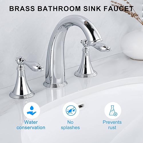 Vista 10 de SaniteModar Grifo de lavabo de baño de oro pulido, grifo de baño de latón de 3 agujeros, grifo de baño generalizado para fregadero de 3 agujeros