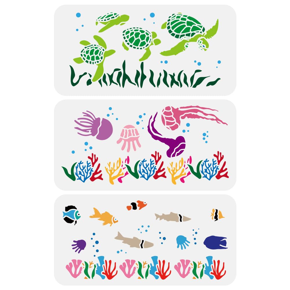 FINGERINSPIRE 3Pcs Marine Life Border Stencils 30x15cm Turtle Seaweed Jellyfish Sea Animal Coral Marine Plant Painting Stencil Summer Ocean Theme Spraying Template for DIY Craft Home Furniture Decor
