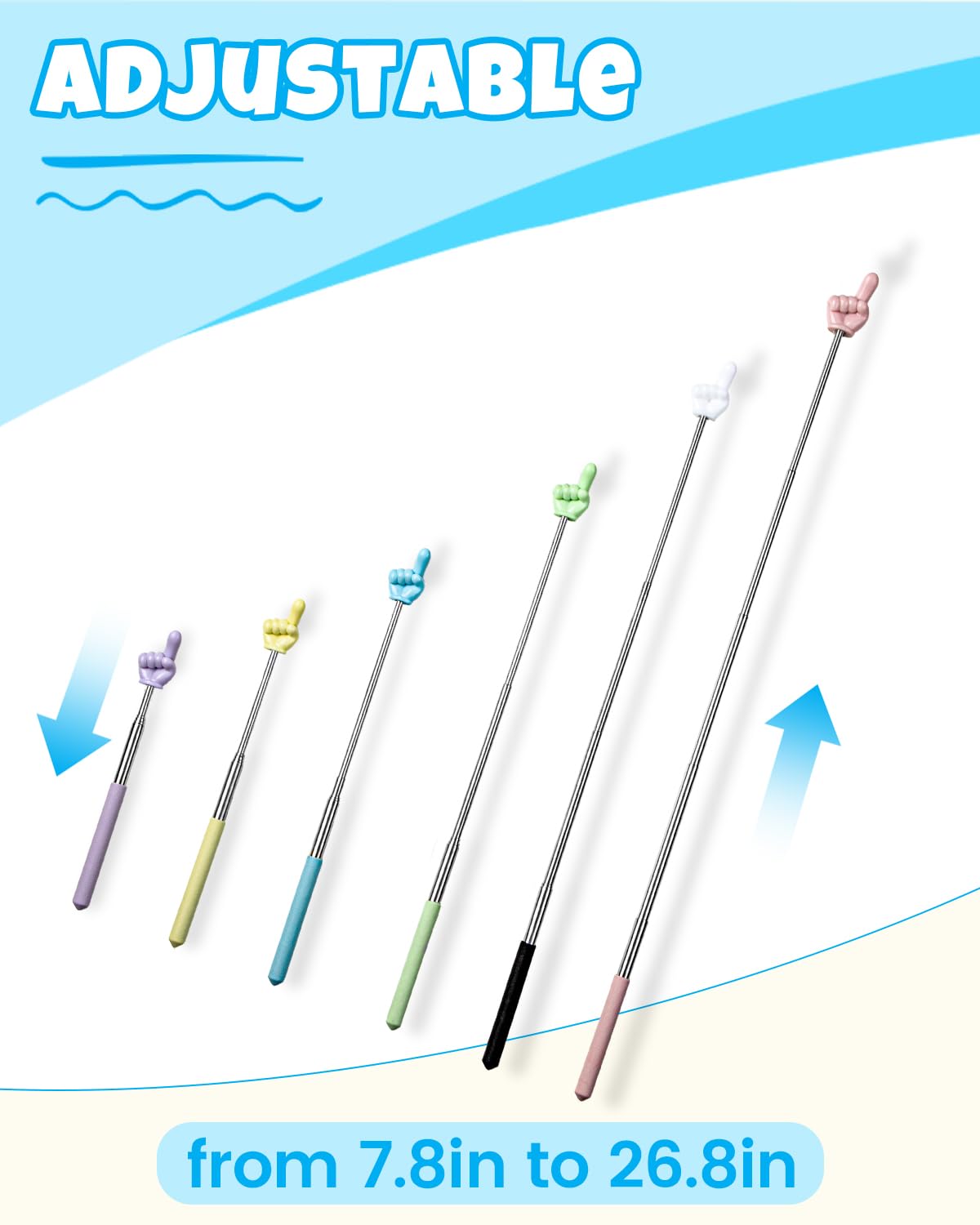 NOKOGMT 6PCS Finger Pointer Stick for Classroom – Extendable Teacher Pointer Stick and Pointer Finger Tool – Colorful Hand Pointer Stick for Presentations–Telescopic Pointer Stick–Classroom Essentials