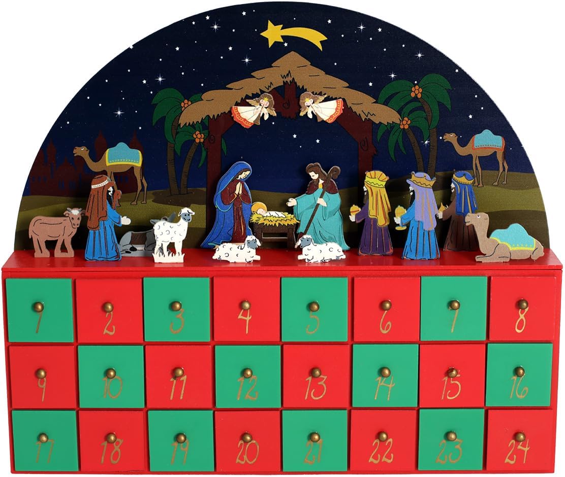 Wooden Christmas Advent Calendar with 24 Drawers – Countdown to Christmas with Nativity Scene – Handcrafted Holiday Décor