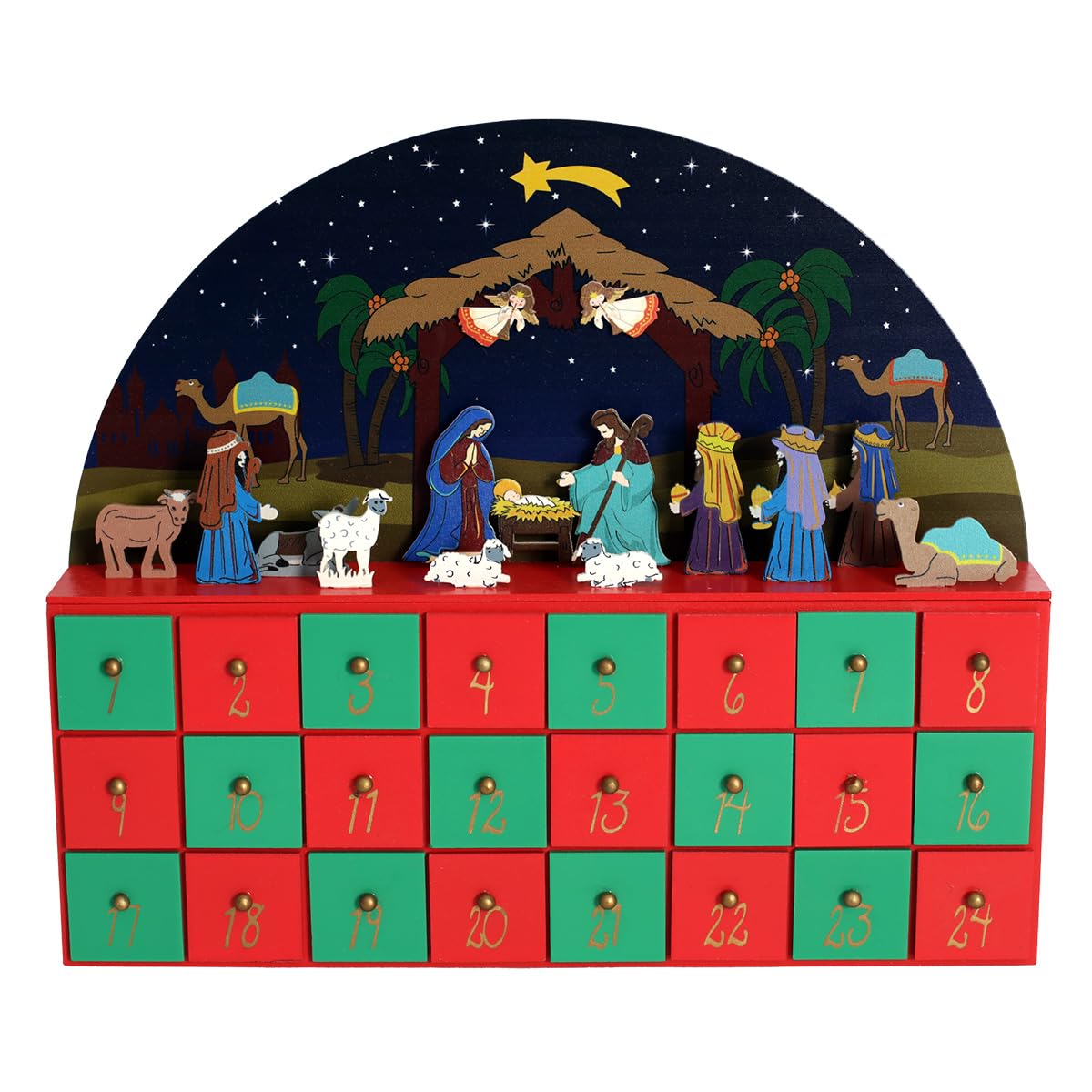 Adventskalender aus Holz mit 24 Schubladen – Countdown bis Weihnachten mit Krippe – Handgefertigte Urlaubsdekoration