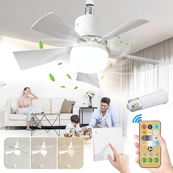 Socket Fan Light Detachable Five-Leaf Remote Control Ceiling Fan Light Ceiling Fans with Lights Three Shades White Light, Neutral, Warm Light for Living Room, Bedroom, Kitchen
