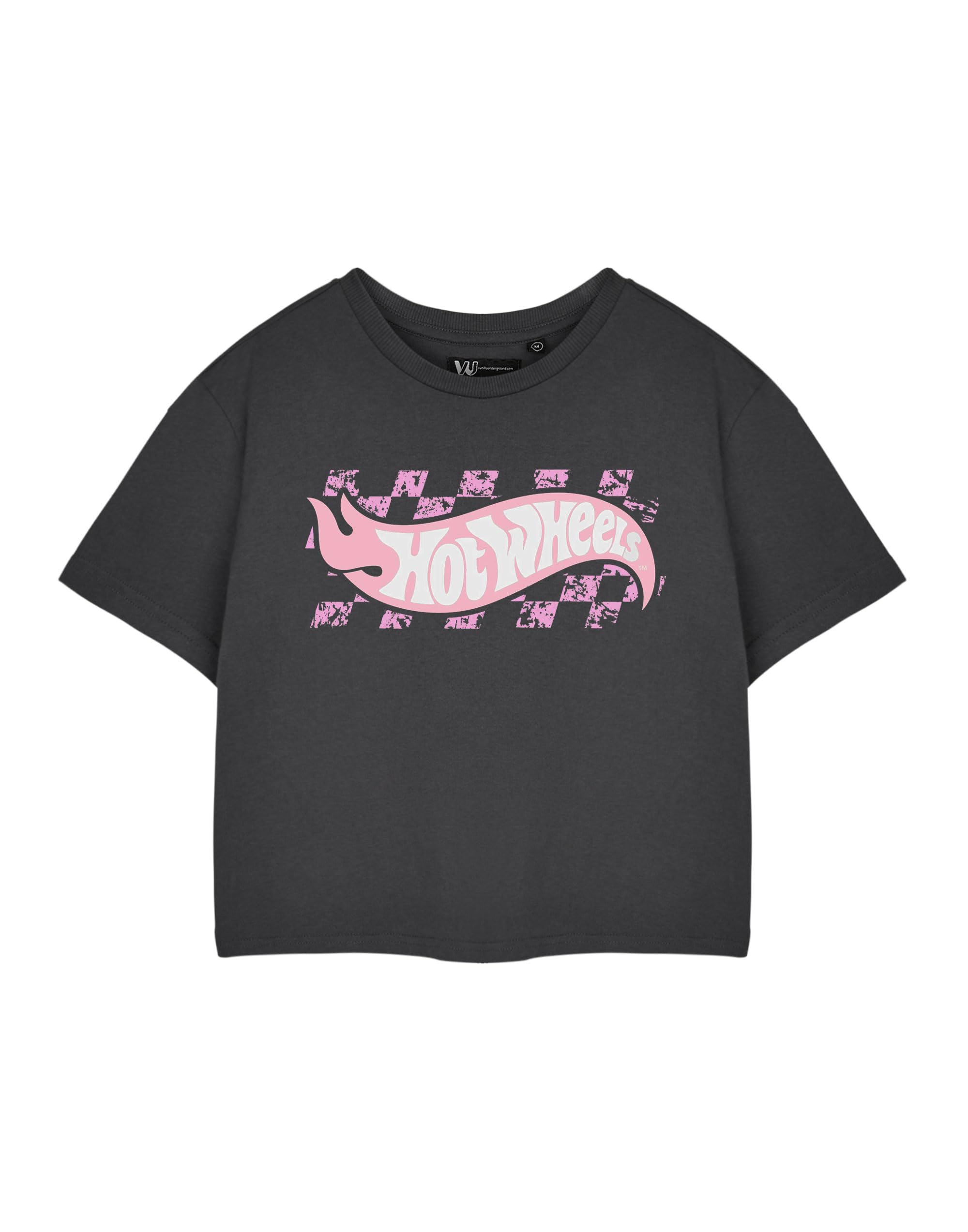 Hot Wheels Womens Grey Cropped Tee | Pastel Graphic Logo Short Sleeve T-Shirt | Retro Logo Apparel for Ladies | Vintage Logo Streetwear Clothing Merchandise Gift