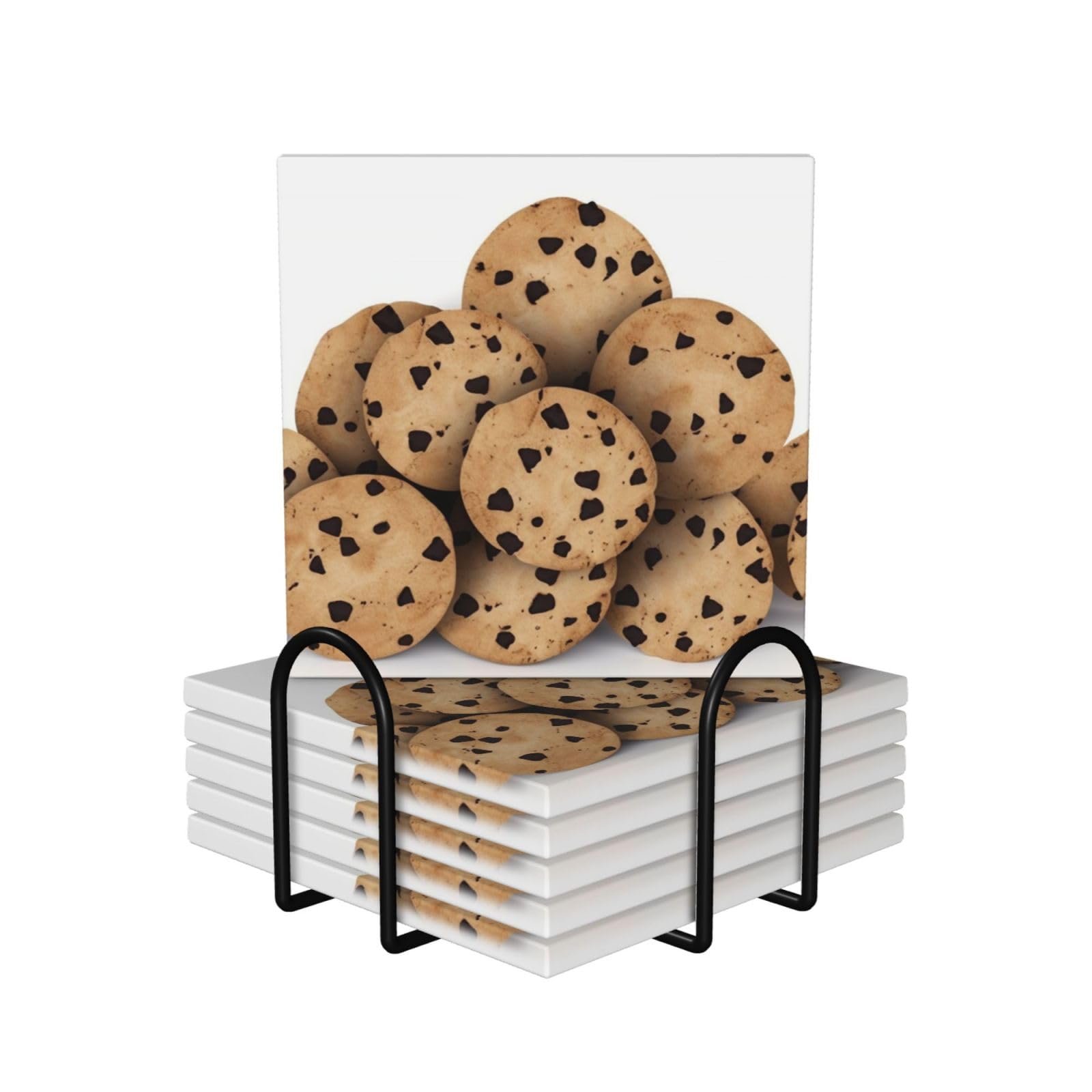 6Pcs Ceramics Coaster for Drinks, Food Chocolate Chip Biscuits Cup Coasters with Holder, Aesthetic Drink Coasters for Coffee Table, Absorbent Round Coaster for Tabletop Protection 4" Cup Mat Pad