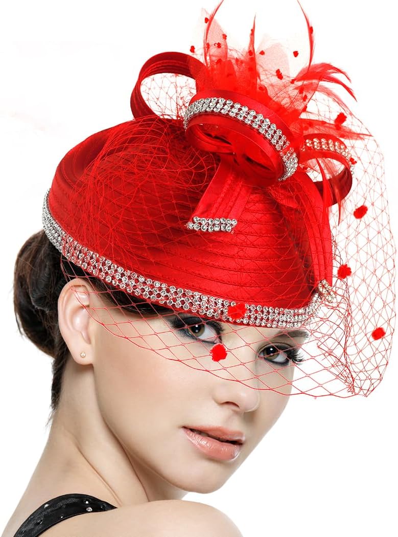 Fascinators Hat for Ladies Church Derby Dress Wedding Hats Veil Feather Cocktail Headband