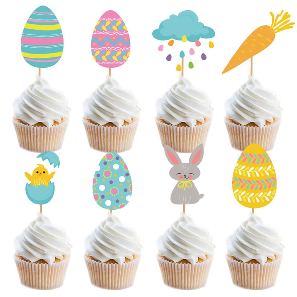 Boerni Easter Cupcake topper Bunny Cupcake Toppers Easter Egg Cupcake Topper Rabbit Chicken Carrot Easter Party Cake Topper Decorations (24pcs in 8 Styles)
