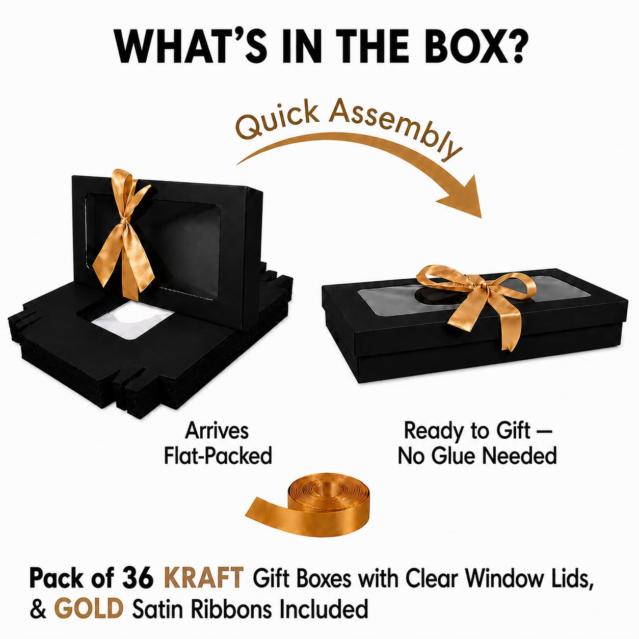 Emartbuy Pack of 36 Black Gift Boxes with Clear Window Lid & Gold Satin Ribbon - Small Slim 21 x 12.5 x 2.5 cm - Recyclable Kraft Presentation Box for Hampers, Treats, Weddings & Favours