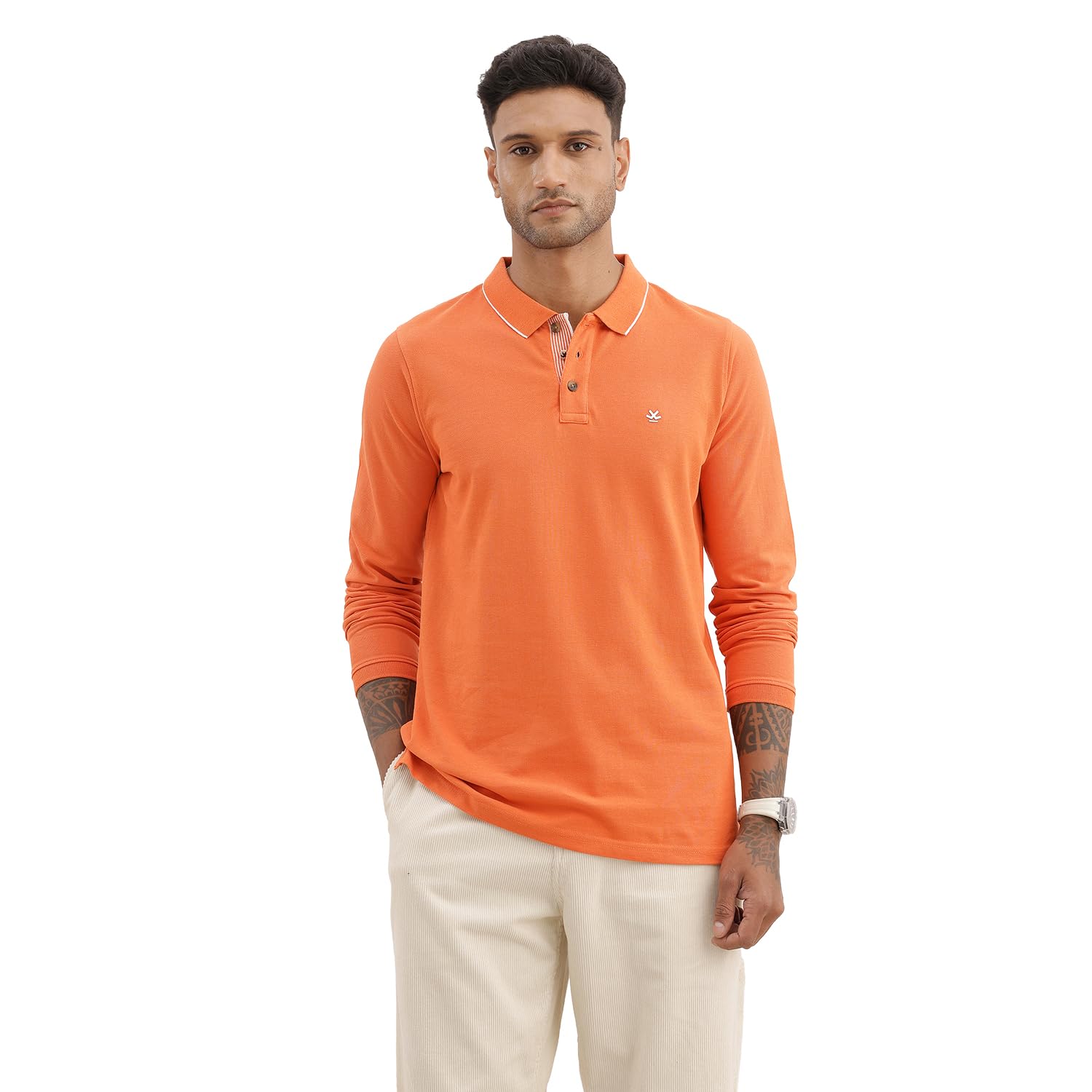 wrogn Men's Tipping Collar Full Sleeve Polo T-Shirt | Orange-picture-11