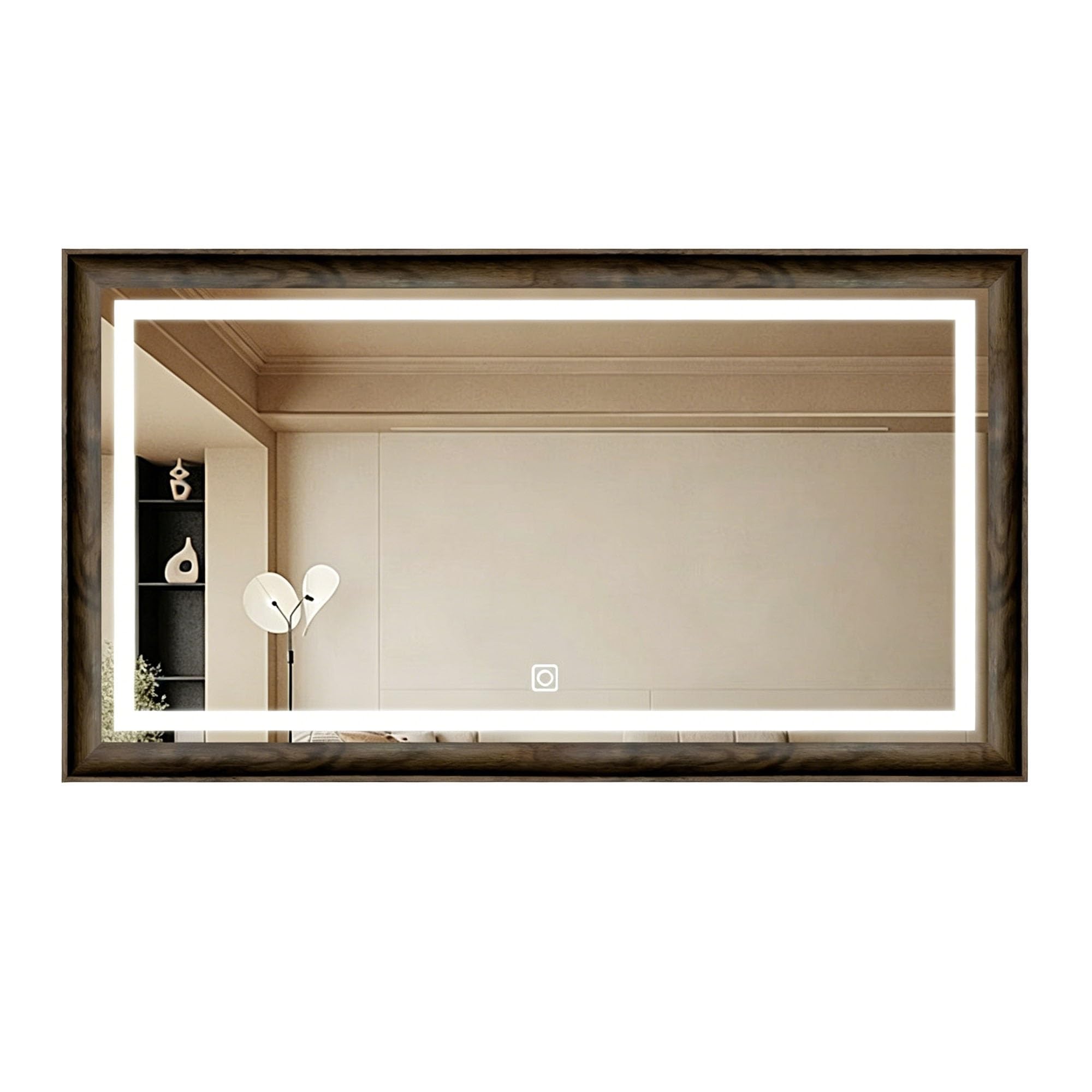 Zlthraustic Rustic Walnut Framed Bathroom Mirror with LED Lights, Wall Mount Makeup mirror with Defogging, 3000K/4000K/6000K Lights, Dimmable(60x80cm)