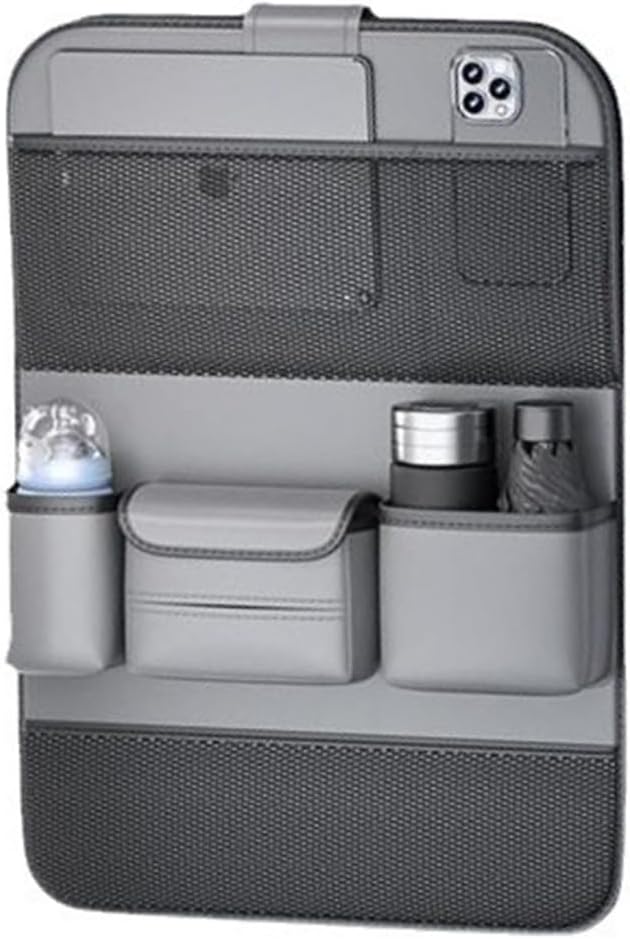 XAUCY PU Leather Car Seat Back Storage Bag Large Capacity Multi-Pocket Backseat Organizer Foldable Dining Table Tablet Tray Hanging Bag(Gray)