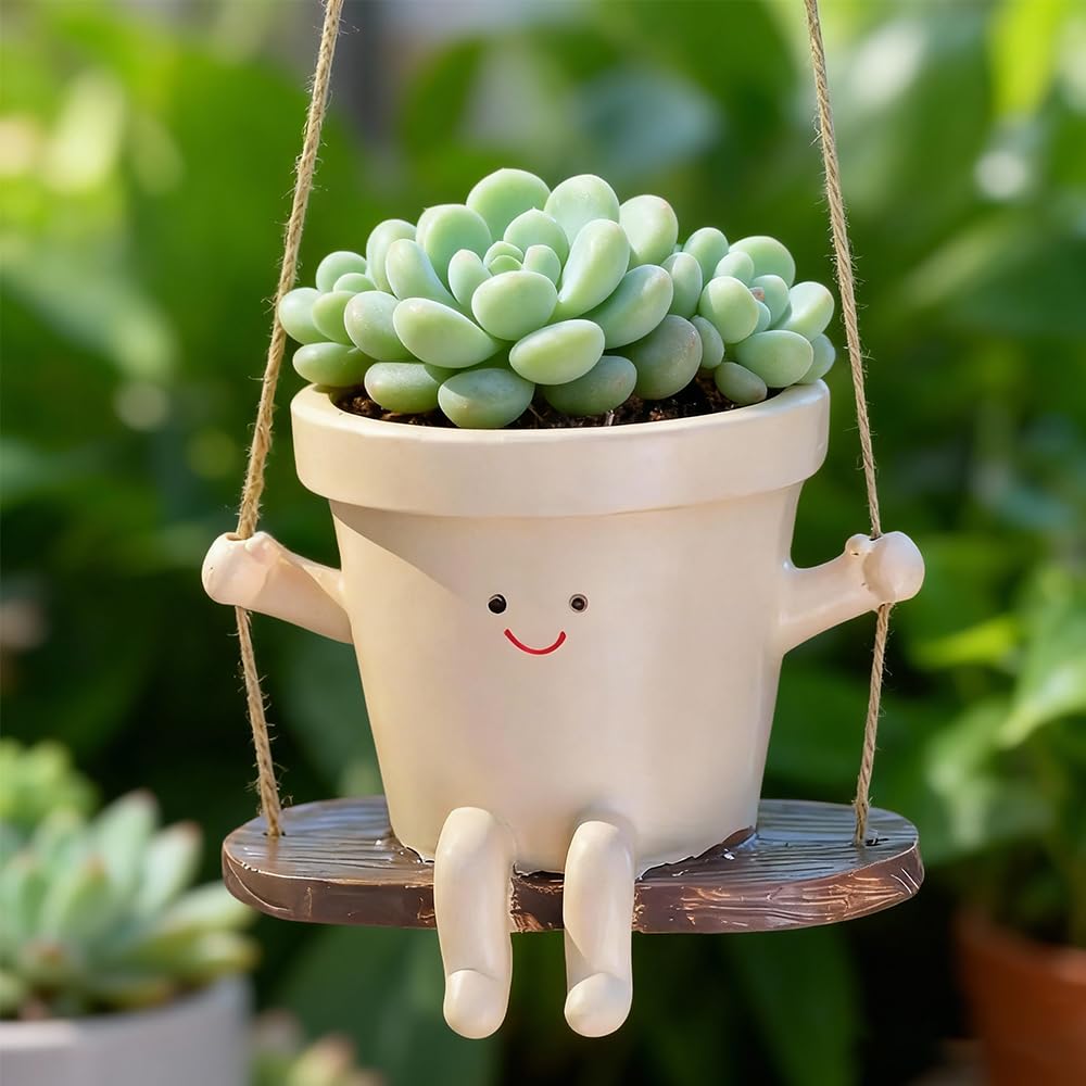 KBIBCK Hanging Planter Swing Face Plant Pot, Cute Resin Head Planters with Drainage Hole, Smily Face Planter Pots, Indoor and Outdoor Succulent Pot for Home Decor Gift — image 1