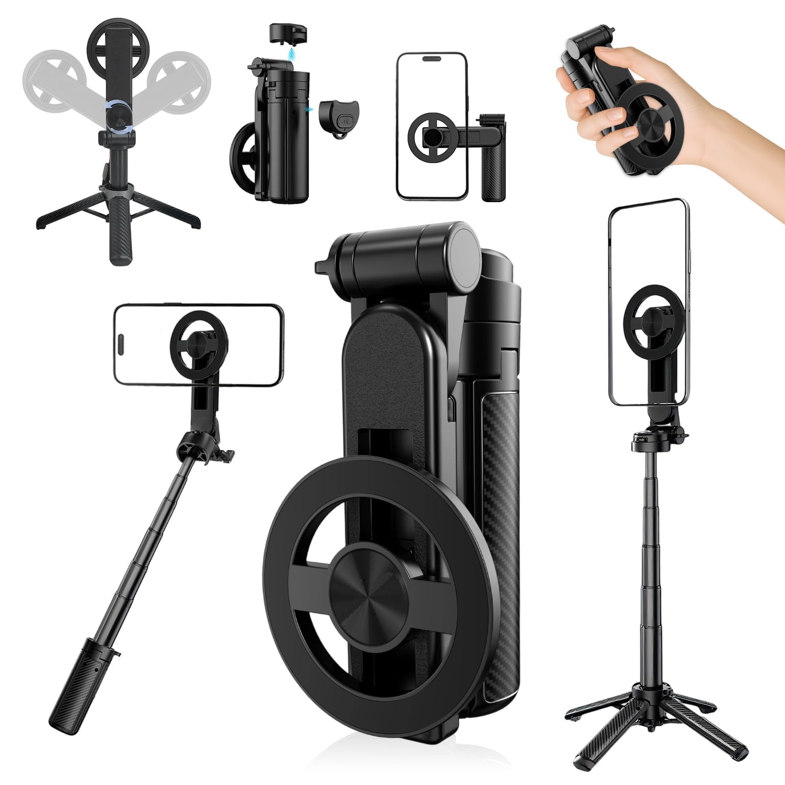 Trípode para selfie multifuncional 4 en 1 con soporte magnético de móvil de 360° 8