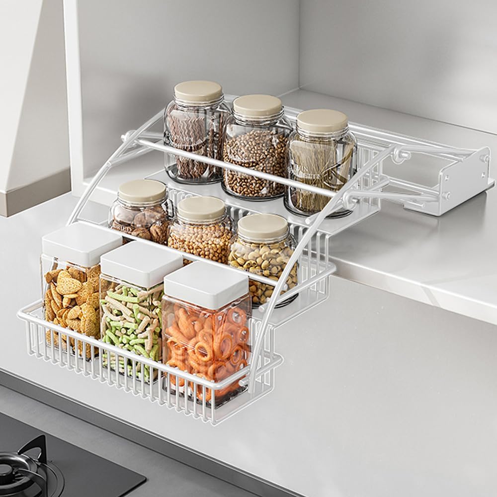 3-Tier Pull Down Spice Rack Organizer for Inside Cabinet Expandable Display Riser Shelf Seasoning Shelf (12.4IN/White)