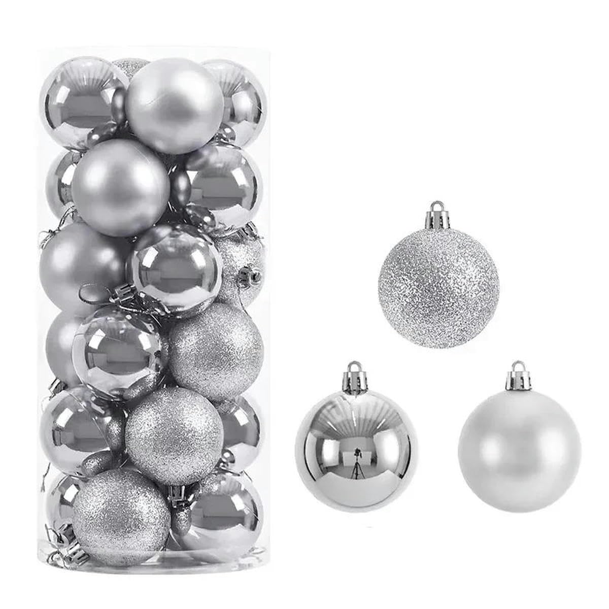 Bemaltes Weihnachtskugel-Ornament-Set, Baumanhänger-Dekoration, Weihnachtsdekorationszubehör, 8 cm, 24 Stück-Silber-8 cm