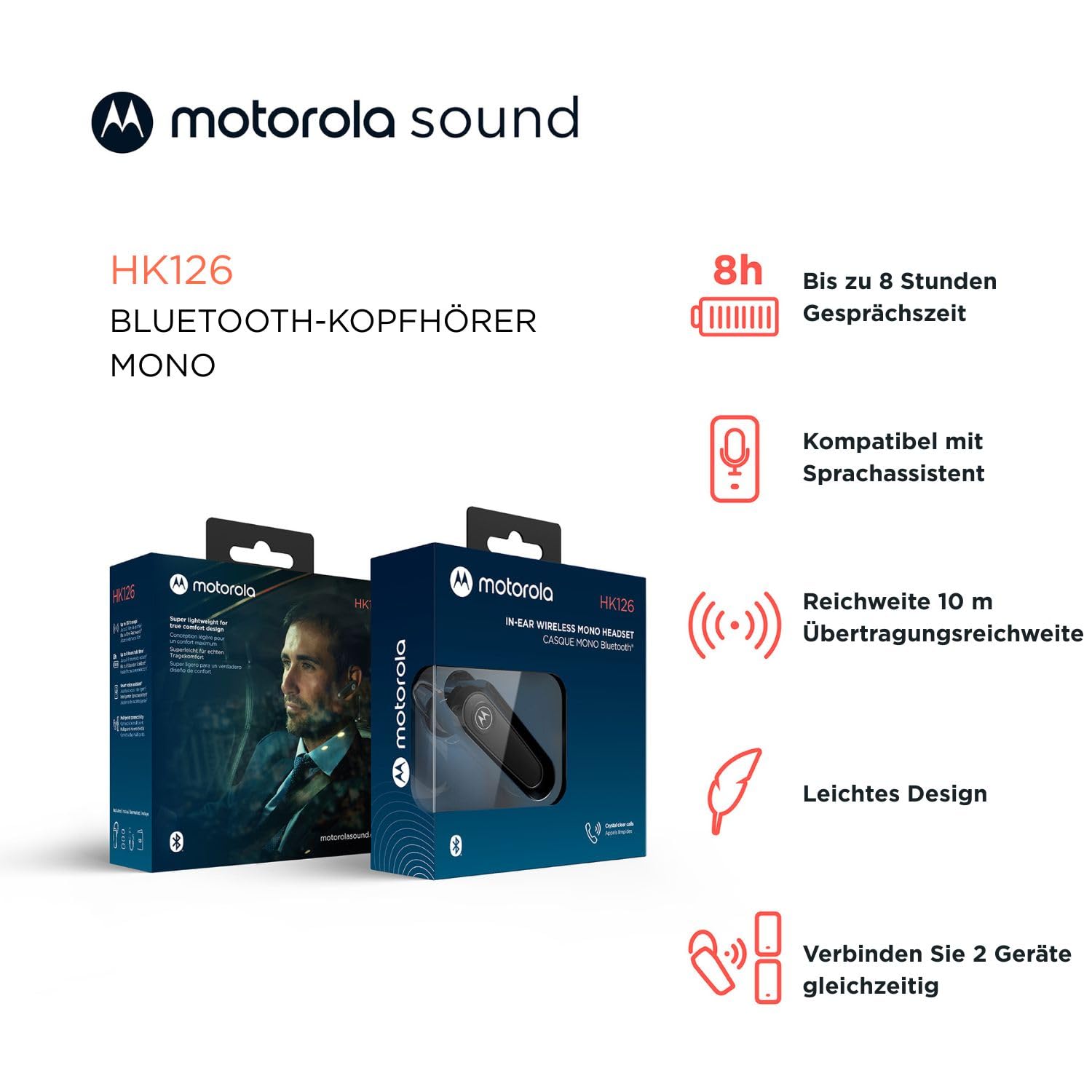 Motorola Sound – HK126 Bluetooth-Headset, kabellose Mono-Bluetooth-In-Ear-Kopfhörer mit 8 Stunden Sprechzeit, kompatibel mit Sprachassistent, Verbindung mit 2 Geräten
