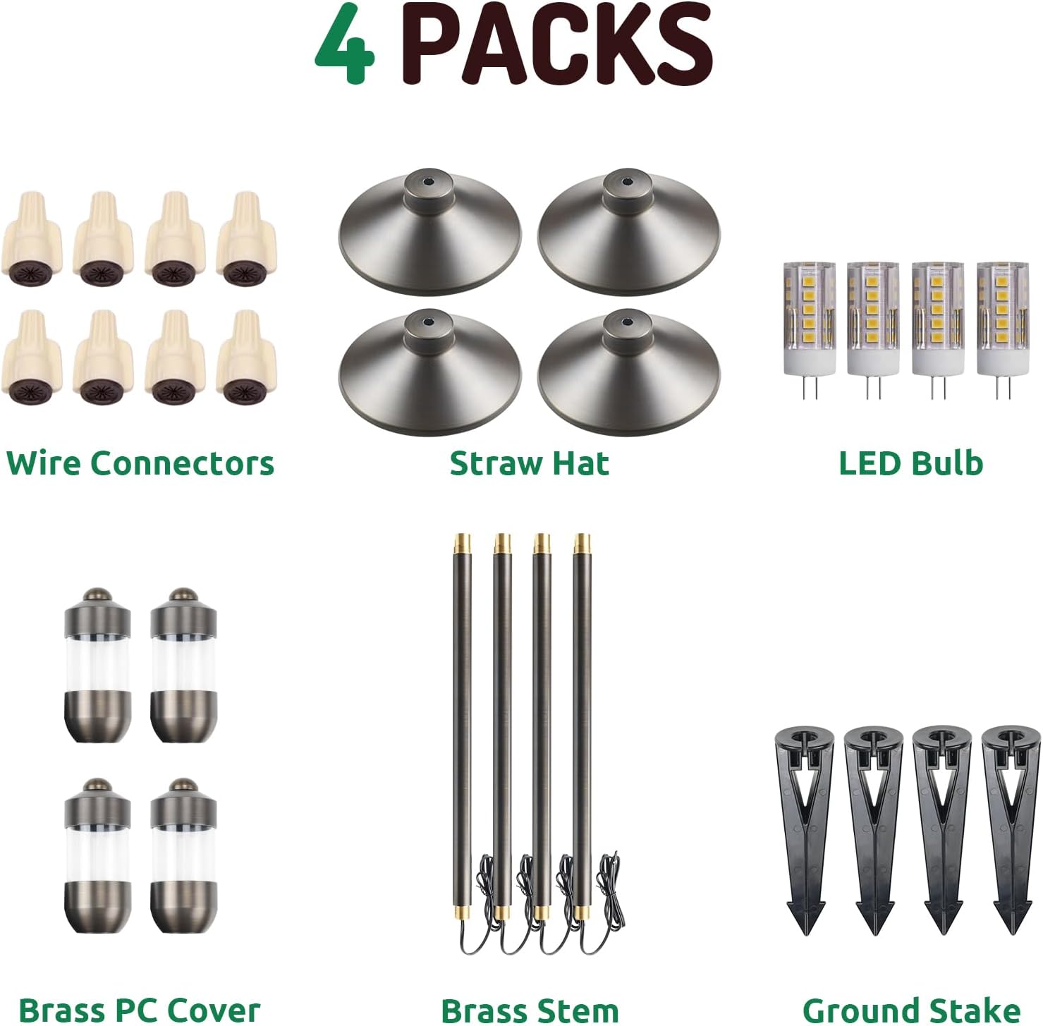 DOSHINE® Solid Brass Low Voltage Landscape Lighting Pathway Lights (7" Shade, 22" Tall) with Replaceable 3W G4 LED Bulb 3000K AC/DC 12V and Ground Stake for Outdoor Walkway Driveway (HAT, 4-Pack)