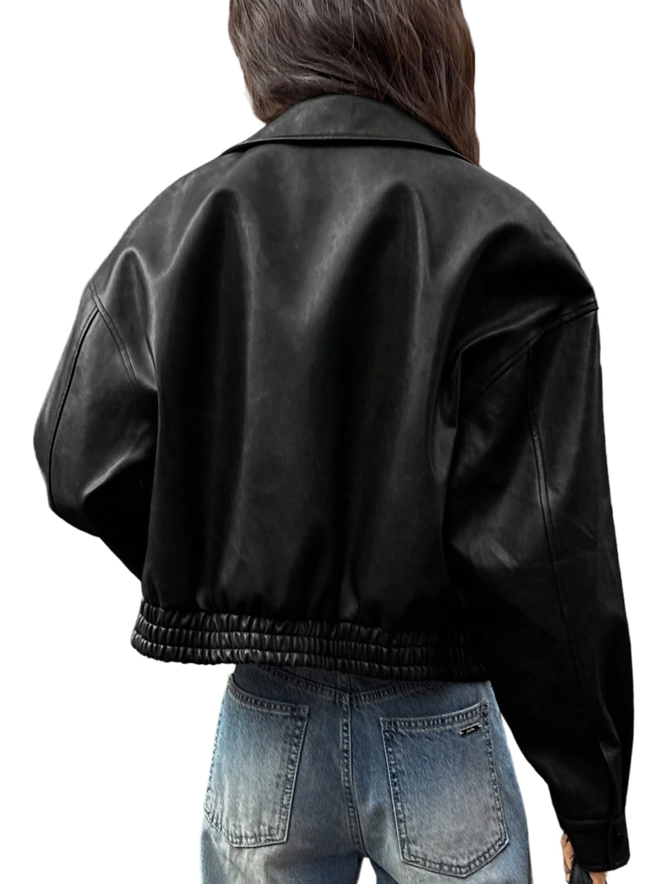 GORGLITTER Veste Y2k en cuir synthétique pour femme - Col montant - Veste d'automne à manches longues - Veste de loisirs avec poches - Veste de transition ample