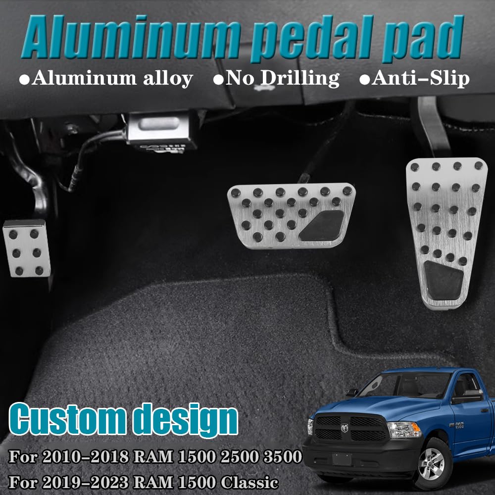 LEXLEY 3PCS Anti-Slip Aluminum Brake Gas Parking Pedal Pads,Auto No Drilling Accelerator Pedal Covers Only for Dodge 2010-2018 RAM 1500 2500 3500,2019-2024 RAM 1500 Classic-Sliver