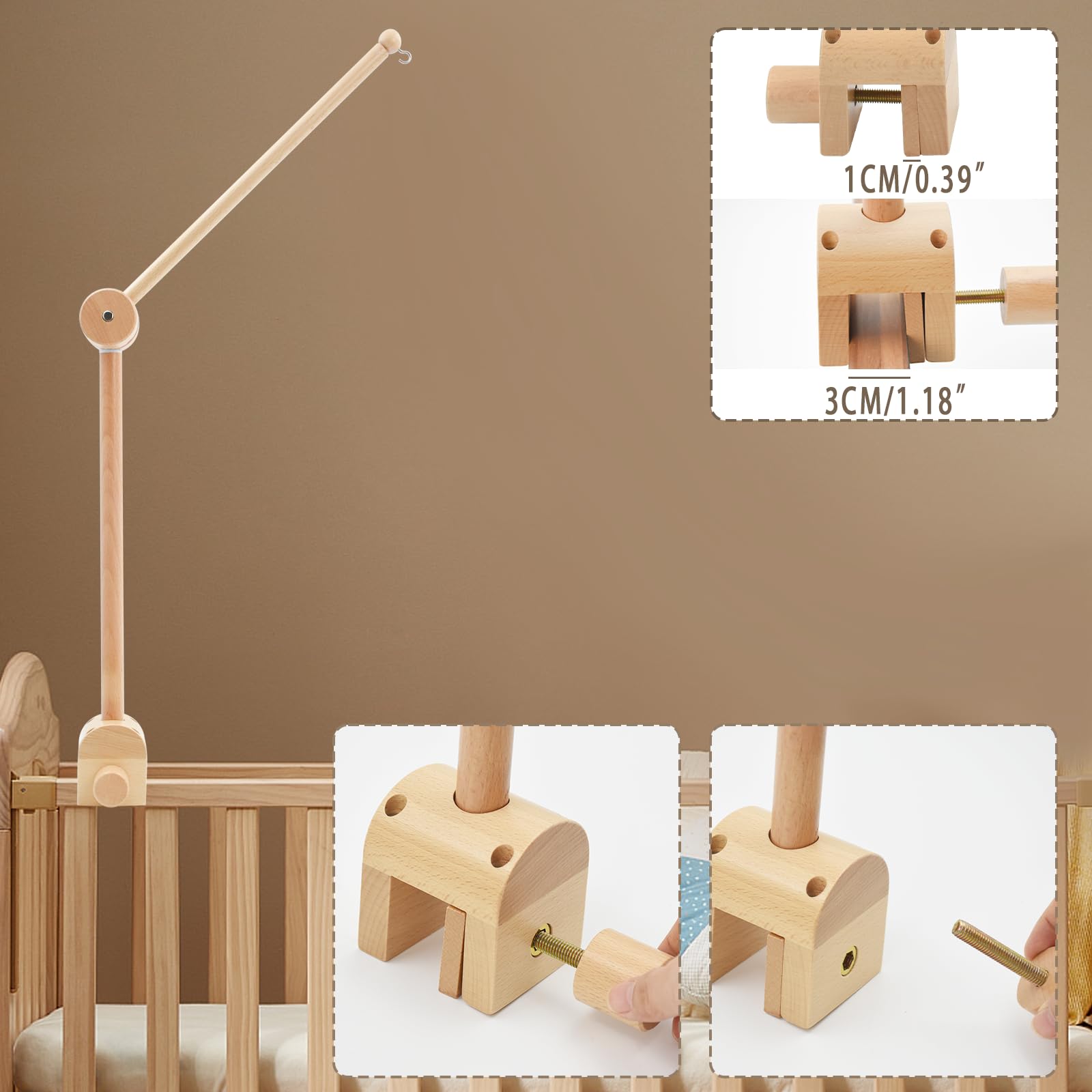 Soporte móvil para bebé, Soporte Móvil Cuna de Madera, Altura Ajustable Carrusel Cuna Bebe, Percha para Móvil de Bebé Extraíble, para Colgar Campanas de Viento Campana de Cama Juguetes