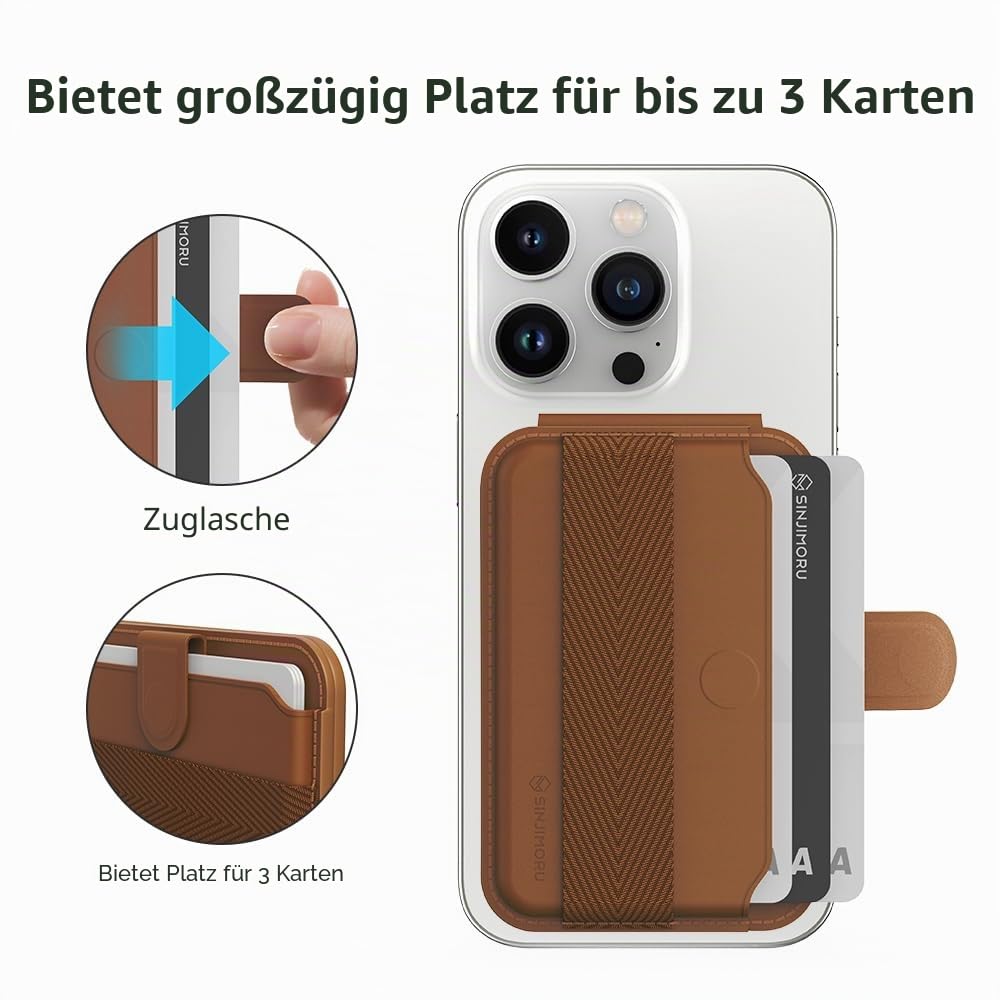Sinjimoru Magnetischer Kartenhalter mit Auswurffunktion, Handybrieftasche für MagSafe mit Ständer, kompatibel mit iPhone 16 15 14 13 12 Serie. M-Pull Tab Stand