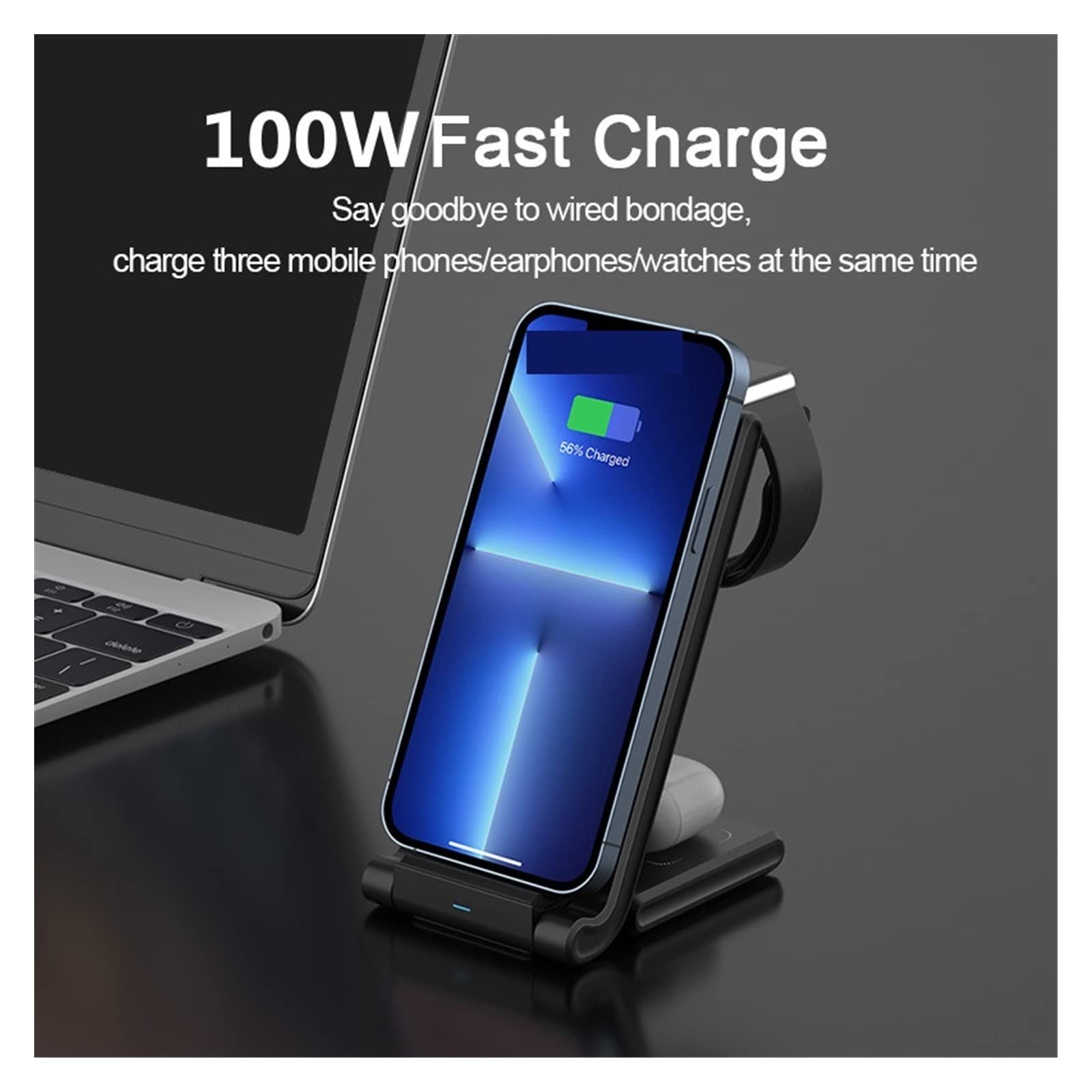 Bezprzewodowa ładowarka 100 W 3 w 1 Podstawka do zegarka telefonu Szybka stacja dokująca do zegarka słuchawkowego Kompaktowy i mocny(Wit)